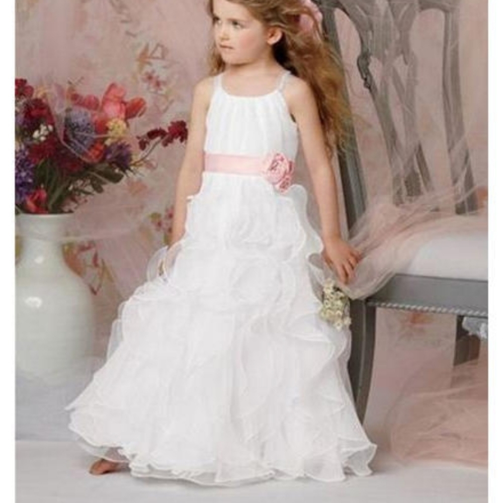 Sweet beginnings white Pink ruffle flower girl dress 6 7 cy